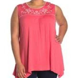 NWT Forgotten Grace Sleeveless Embroidered Sharkbite Tank in Coral